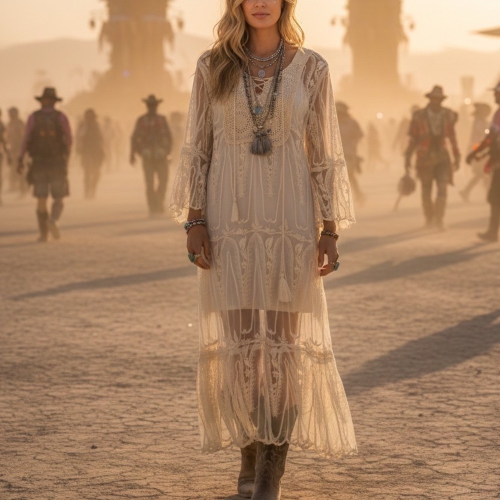 ZL Lace Maxi Dress Boho Festival Ivory Sheer Bell Sleeve Tassel M